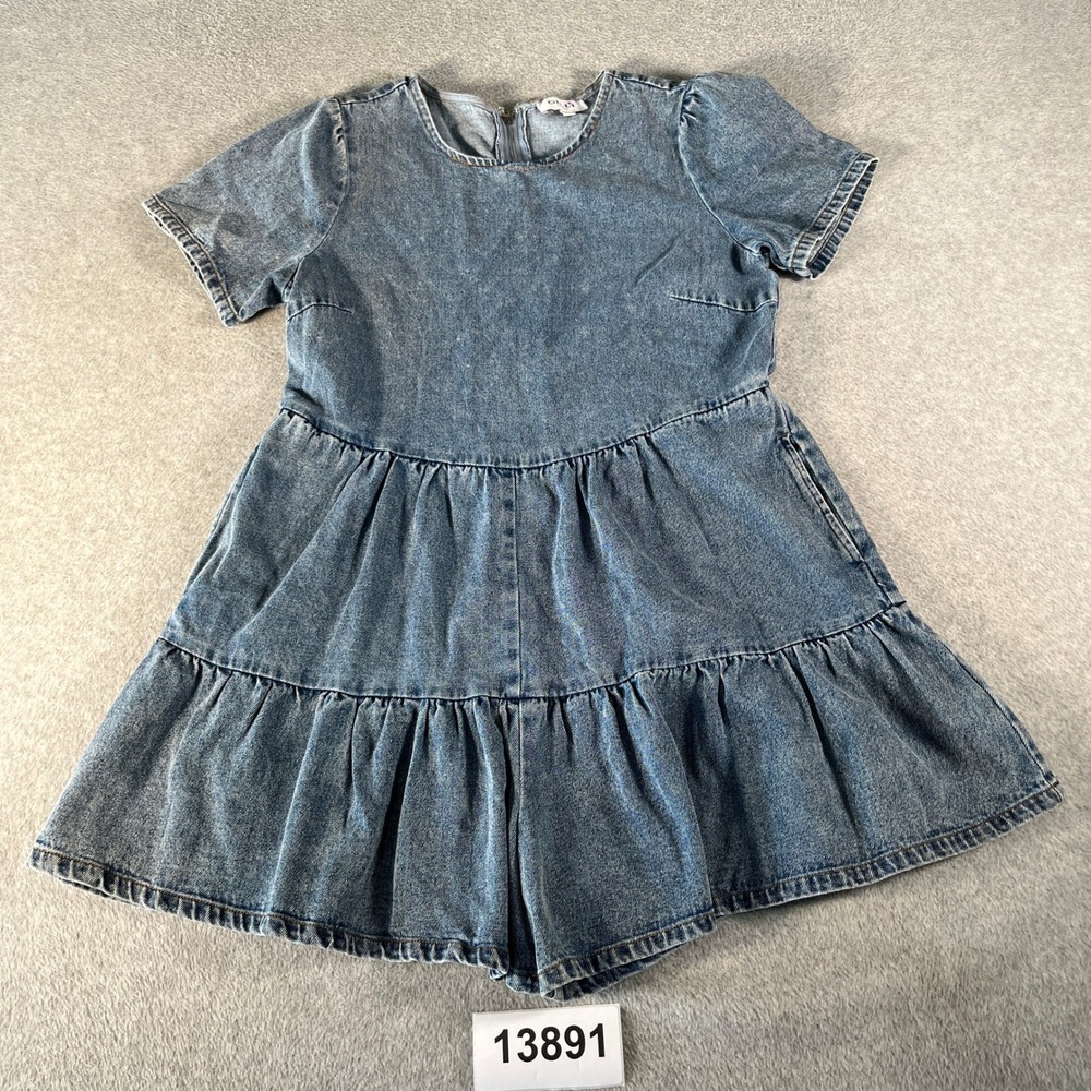 GILLI Tiered Romper Womens Large Blue Denim Cotton Crew Neck Casual Back Zip